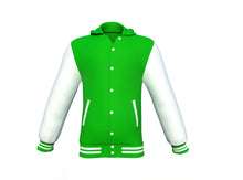 Load image into Gallery viewer, Light Green Varsity Letterman Jacket with White Sleeves - Shearling leather