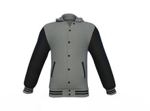 Load image into Gallery viewer, Grey Varsity Letterman Jacket with Black Sleeves - Shearling leather