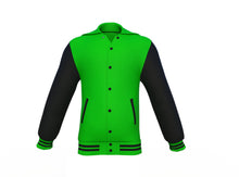 Load image into Gallery viewer, Light Green Varsity Letterman Jacket with Black Sleeves - Shearling leather