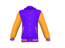 Load image into Gallery viewer, Purple Varsity Letterman Jacket with Gold Sleeves - Shearling leather