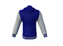 Load image into Gallery viewer, Navy Varsity Letterman Jacket with Grey Sleeves - Shearling leather