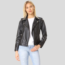 Load image into Gallery viewer, Dani Black Studded Leather Jacket - Shearling leather