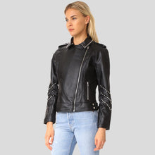 Load image into Gallery viewer, Dani Black Studded Leather Jacket - Shearling leather