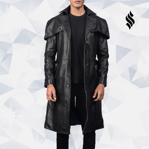 Deux Black Leather Trench Coat - Shearling leather