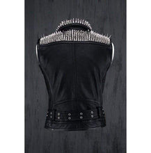 Load image into Gallery viewer, Men Belted Black Leather Vest, Men Biker Studded Jacket - Shearling leather