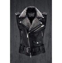 Load image into Gallery viewer, Men Belted Black Leather Vest, Men Biker Studded Jacket - Shearling leather