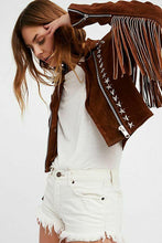 Load image into Gallery viewer, Handmade Brown Fringe Stud Jacket for women, Women studded Suede biker Jacket - Shearling leather