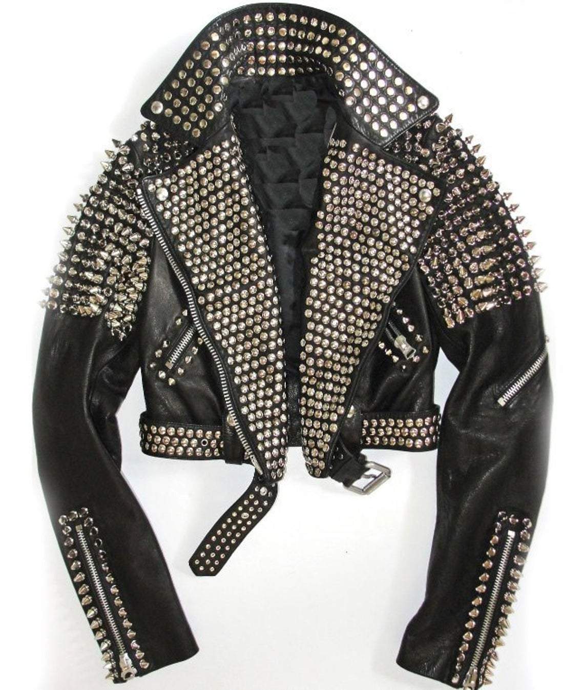 Women Black Leather Rock Women Steam Punk Style Studded Biker Jacket S