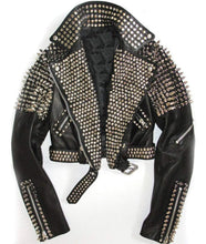 Load image into Gallery viewer, Women Black Leather Rock Women Steam Punk Style Studded Biker Jacket Silver Long Studs - Shearling leather