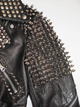 Load image into Gallery viewer, Women Black Leather Rock Women Steam Punk Style Studded Biker Jacket Silver Long Studs - Shearling leather