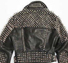 Load image into Gallery viewer, Women Black Leather Rock Women Steam Punk Style Studded Biker Jacket Silver Long Studs - Shearling leather