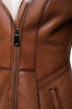 Load image into Gallery viewer, Ayva's Tan Shearling coat with fox fur trim Hoodie - Shearling leather