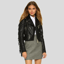 Load image into Gallery viewer, Kiana Black Biker Fringes Leather Jacket - Shearling leather