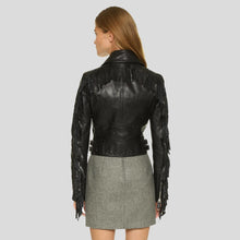 Load image into Gallery viewer, Kiana Black Biker Fringes Leather Jacket - Shearling leather