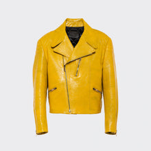 Load image into Gallery viewer, yellow women's cowhide leather biker jacket