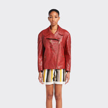 Load image into Gallery viewer, women's red sheepskin biker leather jacket
