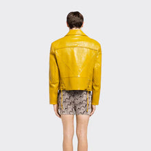 Load image into Gallery viewer, yellow women's cowhide leather biker jacket