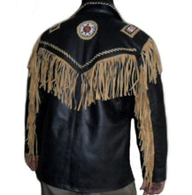 Load image into Gallery viewer, Men's Leather Jacket Western Wear Cowboy Black Beige Fringe Jacket - Shearling leather