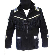 Load image into Gallery viewer, Men's Fringe Jacket Western Wear Cowboy Black Suede Jacket - Shearling leather