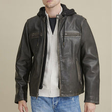 Load image into Gallery viewer, Mens Hooded Biker Leather Jacket | Genuine Leather Motorbike Jacket