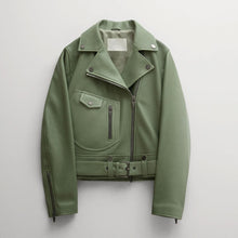 Load image into Gallery viewer, women's green Riding  sheepskin leather biker jacket