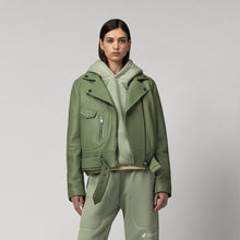 Load image into Gallery viewer, women's green Riding  sheepskin leather biker jacket