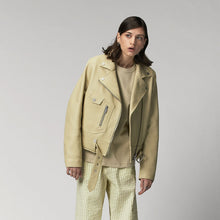 Load image into Gallery viewer, yellow women's motorcycle cowhide leather biker jacket