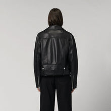Load image into Gallery viewer, women's black lambskin leather biker jacket