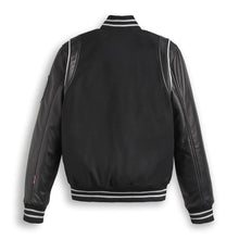 Load image into Gallery viewer, Black Varsity Bomber Leather Jacket With Stripes