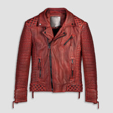 Load image into Gallery viewer, Men Red Waxed Biker Leather Motorcycle Jacket