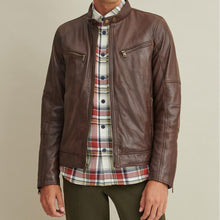 Load image into Gallery viewer, Men Brown Leather Moto Biker Jacket