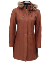 Load image into Gallery viewer, Womens 3/4 Length Brown Leather Coat With Removable Fur Hood
