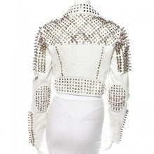 Load image into Gallery viewer, Leather Rider Womens For Mens Silver Tone Studded White Leather Jacket - Shearling leather
