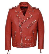 Load image into Gallery viewer, Handmade Men's Style Studded Brando Red Magnificent Leather Jacket - Shearling leather