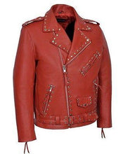 Load image into Gallery viewer, Handmade Men's Style Studded Brando Red Magnificent Leather Jacket - Shearling leather