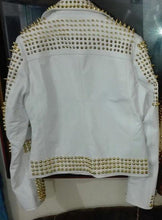 Load image into Gallery viewer, Man White Leather Jacket, Steampunk Golden Studded Punk Jacket - Shearling leather
