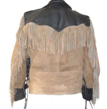 Load image into Gallery viewer, Men 1980's Cowboy Suede Leather Black Beige Jacket ,Cowboy Suede Fringe Jacket - Shearling leather
