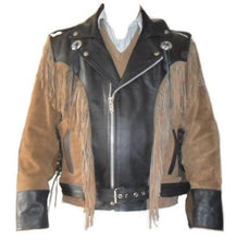 Load image into Gallery viewer, Men 1980's Cowboy Suede Leather Black Beige Jacket ,Cowboy Suede Fringe Jacket - Shearling leather