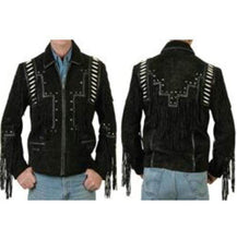 Load image into Gallery viewer, Men's Black Cowboy Suede Jacket, Cowboy Style Suede Jacket With Fringe - Shearling leather