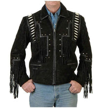 Load image into Gallery viewer, Men's Black Cowboy Suede Jacket, Cowboy Style Suede Jacket With Fringe - Shearling leather