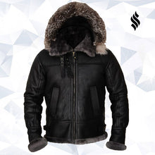 Load image into Gallery viewer, Men Black Shearling Jacket With Hoodie - Shearling leather