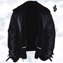 Load image into Gallery viewer, Men Black Biker Shearling Jacket - Shearling Leather Jacket