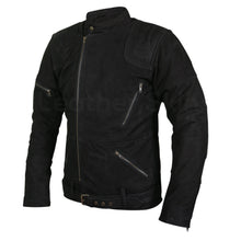 Load image into Gallery viewer, Men Black Suede Belted Leather Jacket with Zippers on Shoulders - Shearling leather