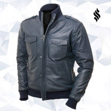 Load image into Gallery viewer, Men Blue Bomber Leather Jacket - Shearling leather