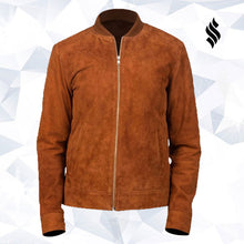 Load image into Gallery viewer, Men Brown Bomber Suede Jacket - Shearling leather