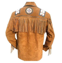 Load image into Gallery viewer, Men Brown Eagle Beads Western Cowboy Suede Leather Tan Jacket, Fringes Jacket - Shearling leather
