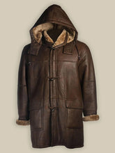 Load image into Gallery viewer, Men Brown Shearling Bomber Hoodie Coat - Shearling leather
