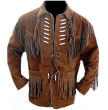 Load image into Gallery viewer, Men's Brown Suede Western Jacket, Suede Leather Jacket , Suede Cowboy Fringe Jacket - Shearling leather