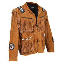 Load image into Gallery viewer, Men Brown Western Fringes with white beads decoration - Shearling leather