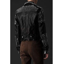 Load image into Gallery viewer, Men's Casual Black Silver Studded Rocker Punk Style Biker Leather Jacket - Shearling leather
